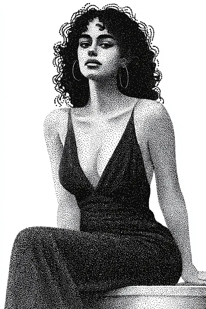 Midjourney generated image using SREF code Dotquake: A black and white drawing of a woman in a dress.