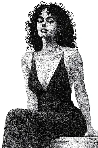 Midjourney generated image using SREF code Dotquake: A black and white drawing of a woman in a dress.