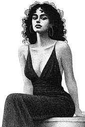 Midjourney generated image using SREF code Dotquake: A black and white drawing of a woman in a dress.