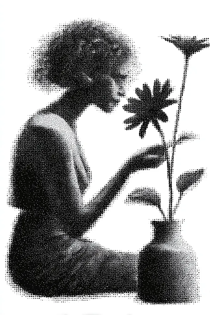 Midjourney generated image using SREF code Dotquake: A black and white silhouette of a woman smelling a flower.
