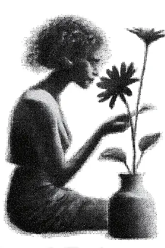 Midjourney generated image using SREF code Dotquake: A black and white silhouette of a woman smelling a flower.