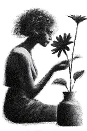 Midjourney generated image using SREF code Dotquake: A black and white silhouette of a woman smelling a flower.