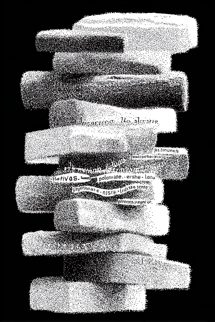 Midjourney generated image using SREF code Dotquake: A black and white image of a stack of books.