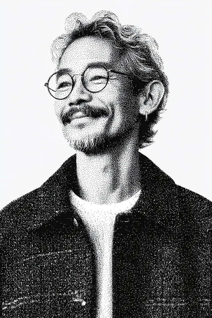 Midjourney generated image using SREF code Dotquake: A black and white photo of a man with glasses.