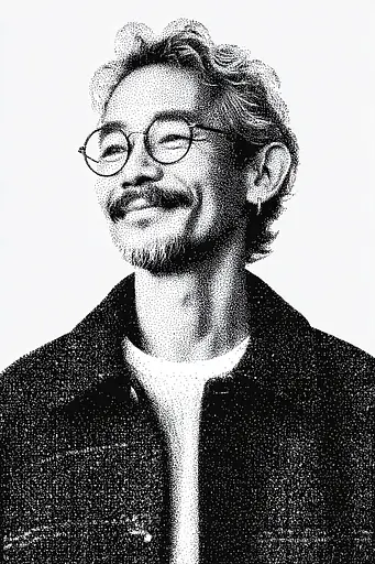 Midjourney generated image using SREF code Dotquake: A black and white photo of a man with glasses.