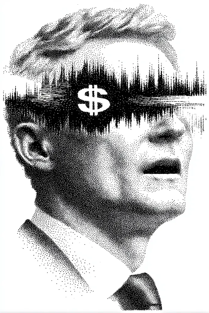 Midjourney generated image using SREF code Dotquake: A black and white image of a man with a dollar sign on his head.