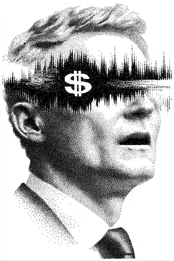 Midjourney generated image using SREF code Dotquake: A black and white image of a man with a dollar sign on his head.