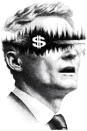 Midjourney generated image using SREF code Dotquake: A black and white image of a man with a dollar sign on his head.