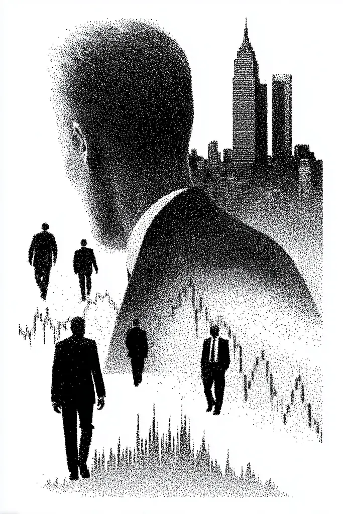 Midjourney generated image using SREF code Dotquake: A black and white illustration of a group of people walking in front of a city.