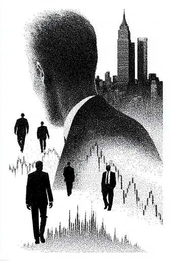 Midjourney generated image using SREF code Dotquake: A black and white illustration of a group of people walking in front of a city.
