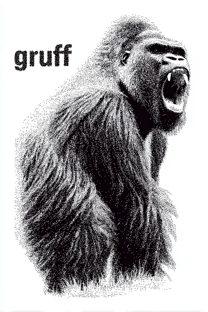 Midjourney generated image using SREF code Dotquake: A black and white drawing of a gorilla with its mouth open.