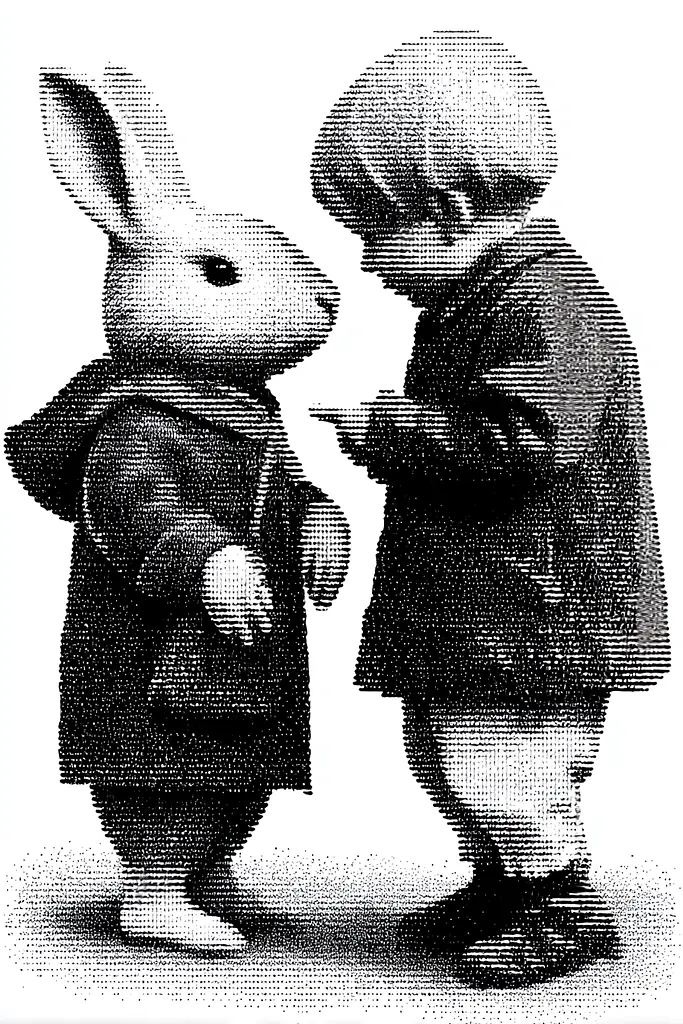 Midjourney generated image using SREF code Dotquake: A black and white illustration of a boy and a rabbit.