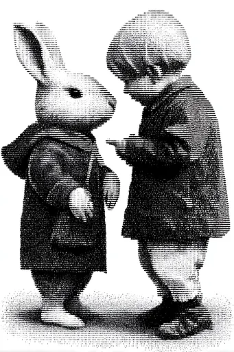Midjourney generated image using SREF code Dotquake: A black and white illustration of a boy and a rabbit.