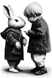 Midjourney generated image using SREF code Dotquake: A black and white illustration of a boy and a rabbit.