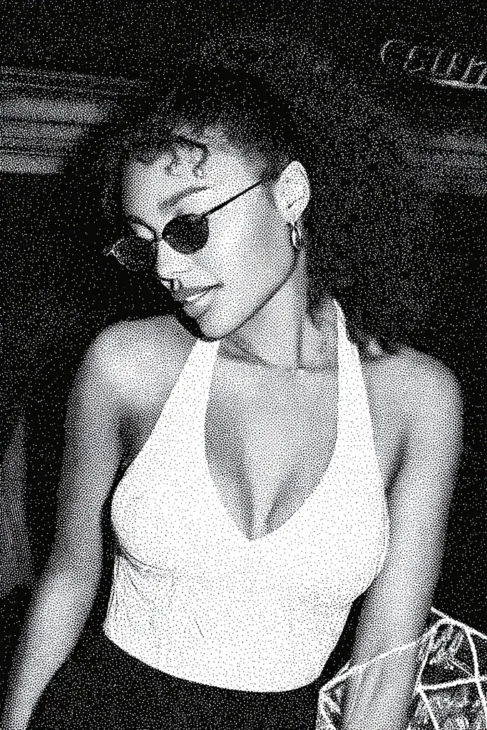 Midjourney generated image using SREF code Dotquake: A black and white photo of a woman wearing sunglasses.