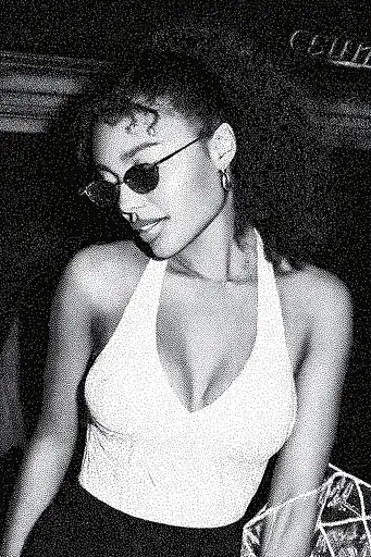 Midjourney generated image using SREF code Dotquake: A black and white photo of a woman wearing sunglasses.