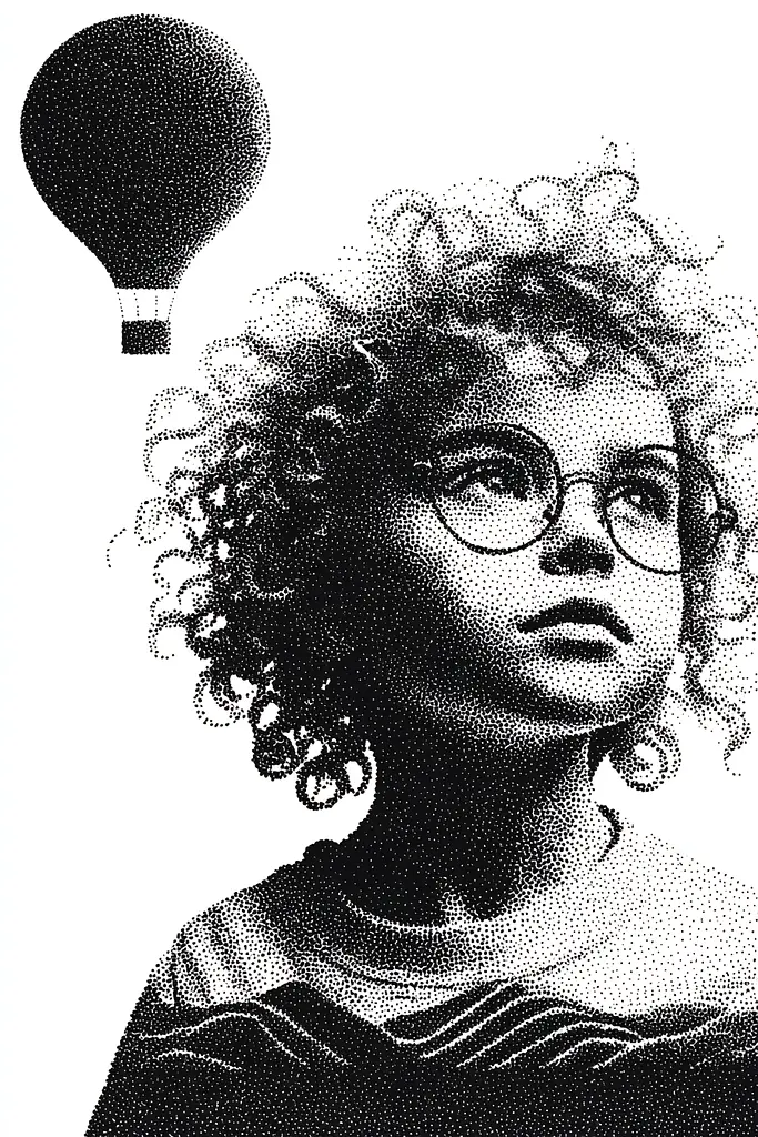 Midjourney generated image using SREF code Dotquake: A black and white photo of a child with a hot air balloon above his head.