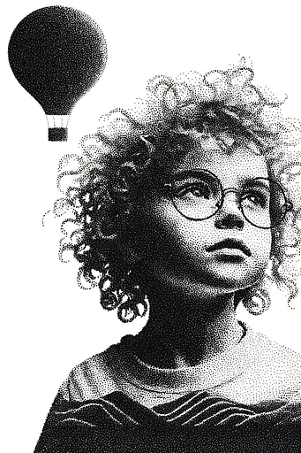 Midjourney generated image using SREF code Dotquake: A black and white photo of a child with a hot air balloon above his head.