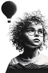 Midjourney generated image using SREF code Dotquake: A black and white photo of a child with a hot air balloon above his head.