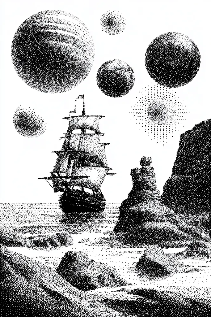 Midjourney generated image using SREF code Dotquake: A black and white illustration of a ship in the ocean surrounded by planets.