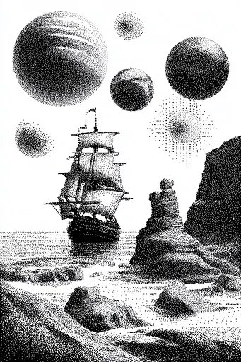 Midjourney generated image using SREF code Dotquake: A black and white illustration of a ship in the ocean surrounded by planets.