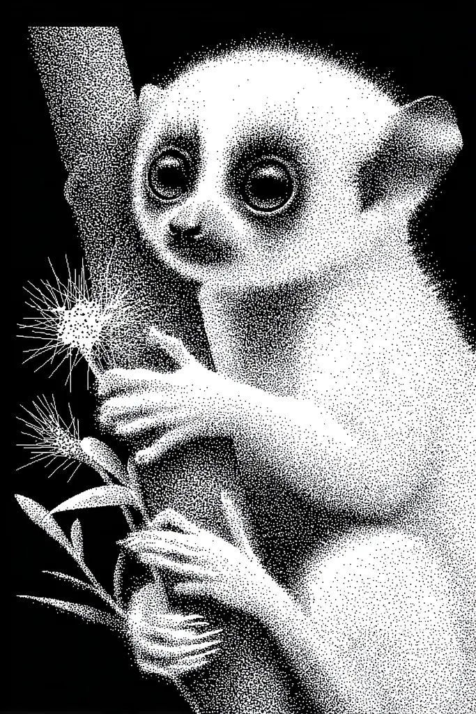 Midjourney generated image using SREF code Dotquake: A black and white drawing of a lemur holding a plant.