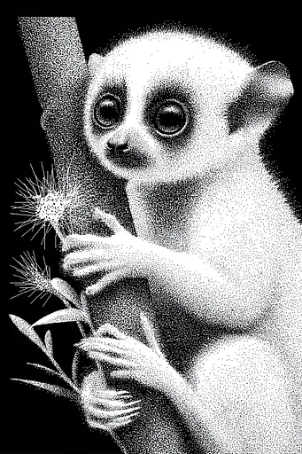 Midjourney generated image using SREF code Dotquake: A black and white drawing of a lemur holding a plant.