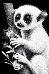 Midjourney generated image using SREF code Dotquake: A black and white drawing of a lemur holding a plant.