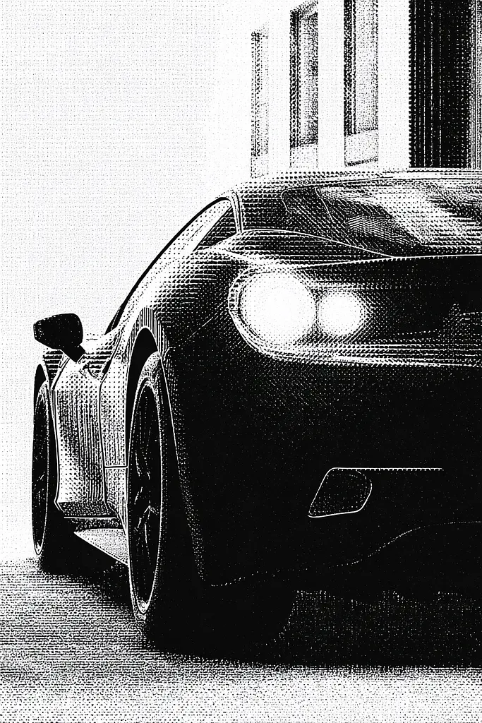 Midjourney generated image using SREF code Dotquake: A black and white photo of a car parked in front of a building.
