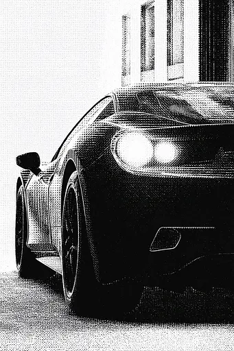Midjourney generated image using SREF code Dotquake: A black and white photo of a car parked in front of a building.