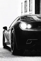 Midjourney generated image using SREF code Dotquake: A black and white photo of a car parked in front of a building.