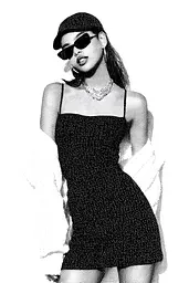 Midjourney generated image using SREF code Dotquake: A black and white photo of a woman in a dress and hat.