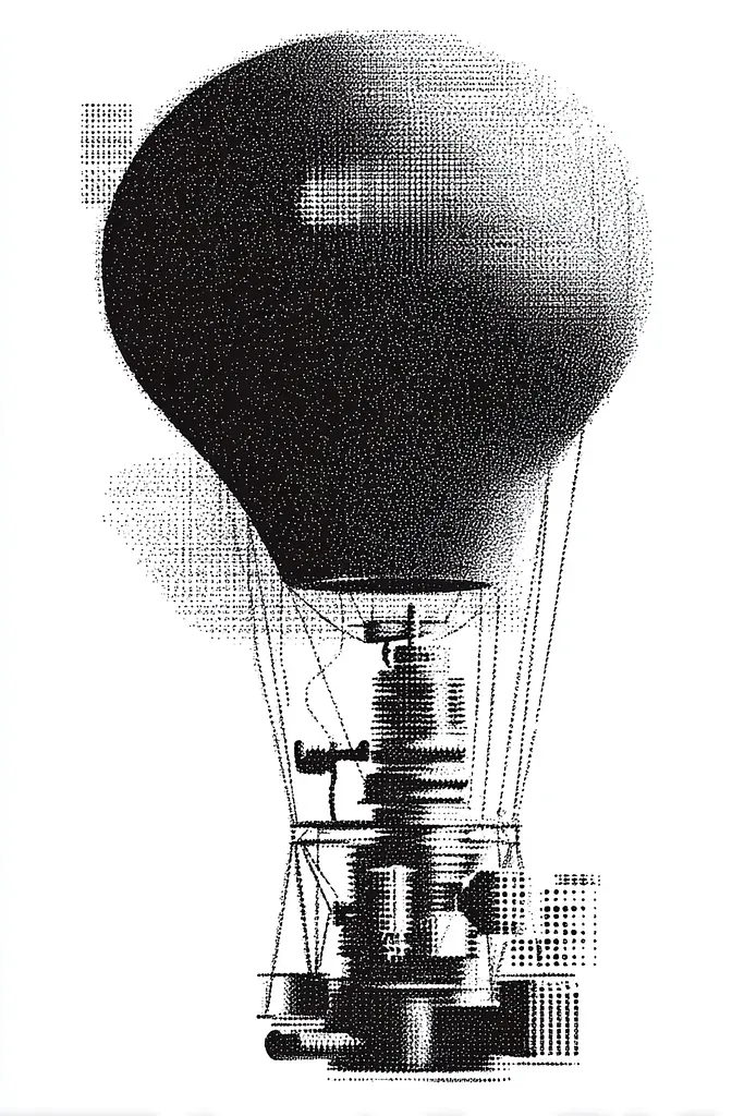 Midjourney generated image using SREF code Dotquake: A black and white drawing of a hot air balloon.