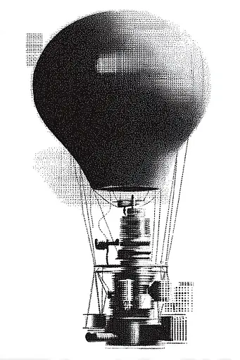 Midjourney generated image using SREF code Dotquake: A black and white drawing of a hot air balloon.