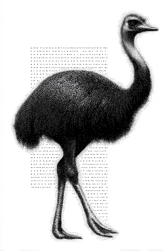 Midjourney generated image using SREF code Dotquake: A black and white drawing of an emu.