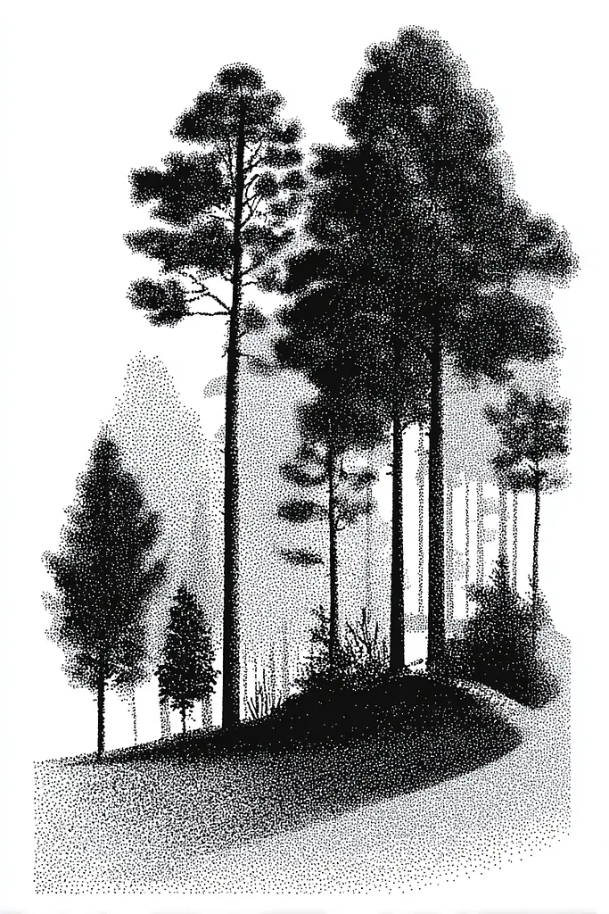 Midjourney generated image using SREF code Dotquake: A black and white drawing of trees in a forest.