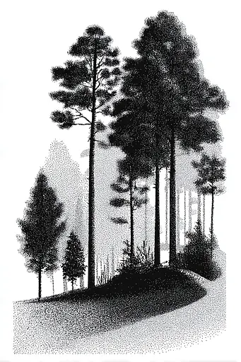 Midjourney generated image using SREF code Dotquake: A black and white drawing of trees in a forest.