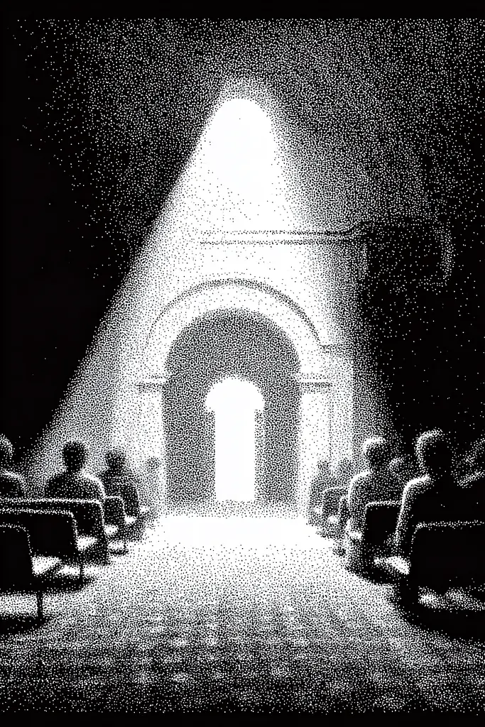 Midjourney generated image using SREF code Dotquake: A black and white photo of people sitting in a church.