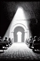 Midjourney generated image using SREF code Dotquake: A black and white photo of people sitting in a church.