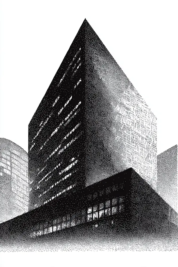 Midjourney generated image using SREF code Dotquake: A black and white drawing of a tall building.