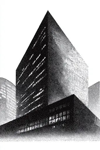 Midjourney generated image using SREF code Dotquake: A black and white drawing of a tall building.