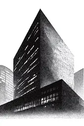 Midjourney generated image using SREF code Dotquake: A black and white drawing of a tall building.