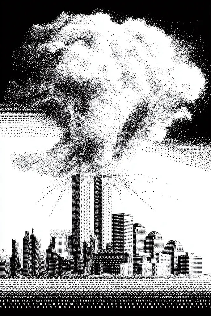 Midjourney generated image using SREF code Dotquake: a black and white image of a city with smoke coming out of it