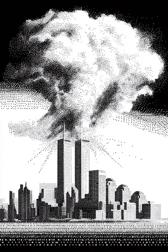 Midjourney generated image using SREF code Dotquake: a black and white image of a city with smoke coming out of it