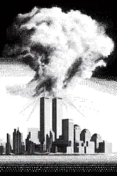Midjourney generated image using SREF code Dotquake: a black and white image of a city with smoke coming out of it