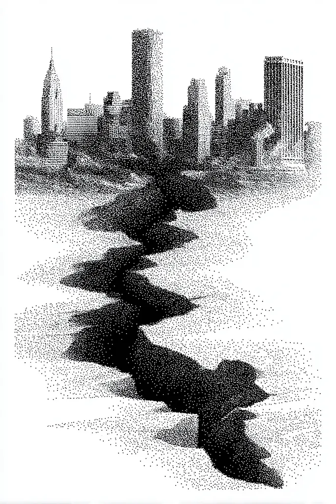 Midjourney generated image using SREF code Dotquake: A black and white drawing of a city skyline.