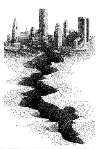Midjourney generated image using SREF code Dotquake: A black and white drawing of a city skyline.
