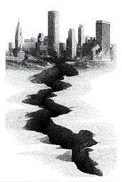 Midjourney generated image using SREF code Dotquake: A black and white drawing of a city skyline.