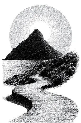 Midjourney generated image using SREF code Dotquake: A black and white drawing of a mountain and a river.