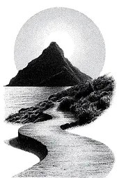 Midjourney generated image using SREF code Dotquake: A black and white drawing of a mountain and a river.